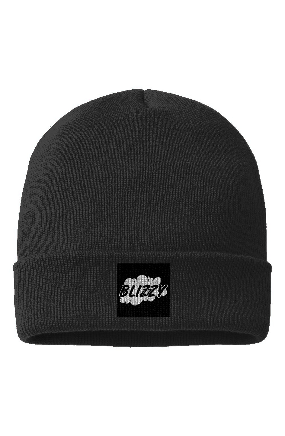 A black knit beanie featuring a rectangular patch on the front. The patch displays the word "BLIZZY" in a stylized white font, set against a black background. The beanie has a classic, snug fit.