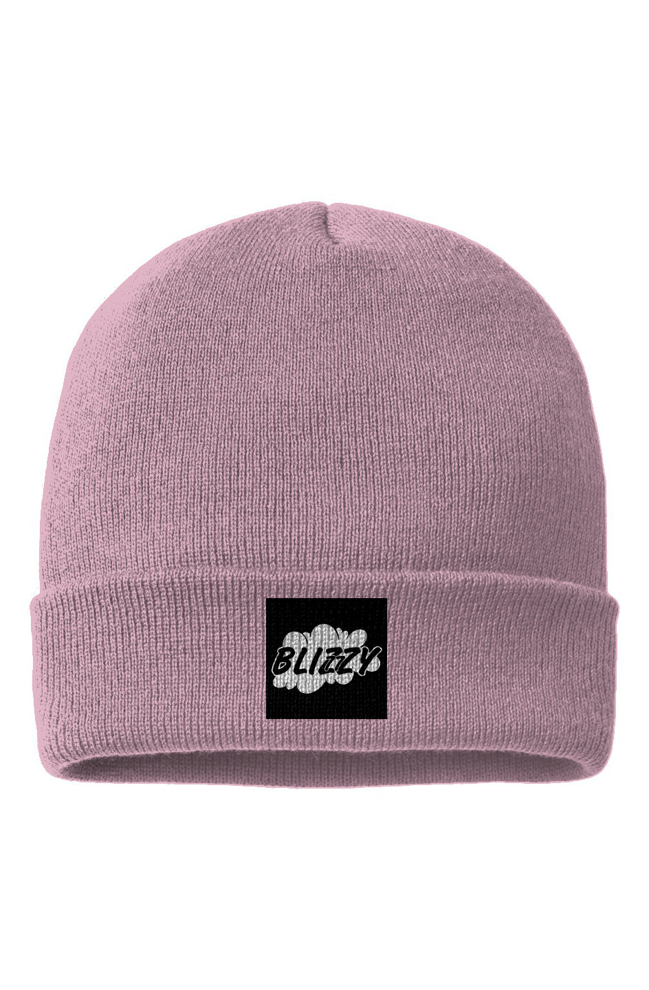 A light pink knit beanie similar in style to the black one. It also features a rectangular patch on the front with the word "BLIZZY" in a stylized white font against a black background. The beanie has a cozy, fitted design.